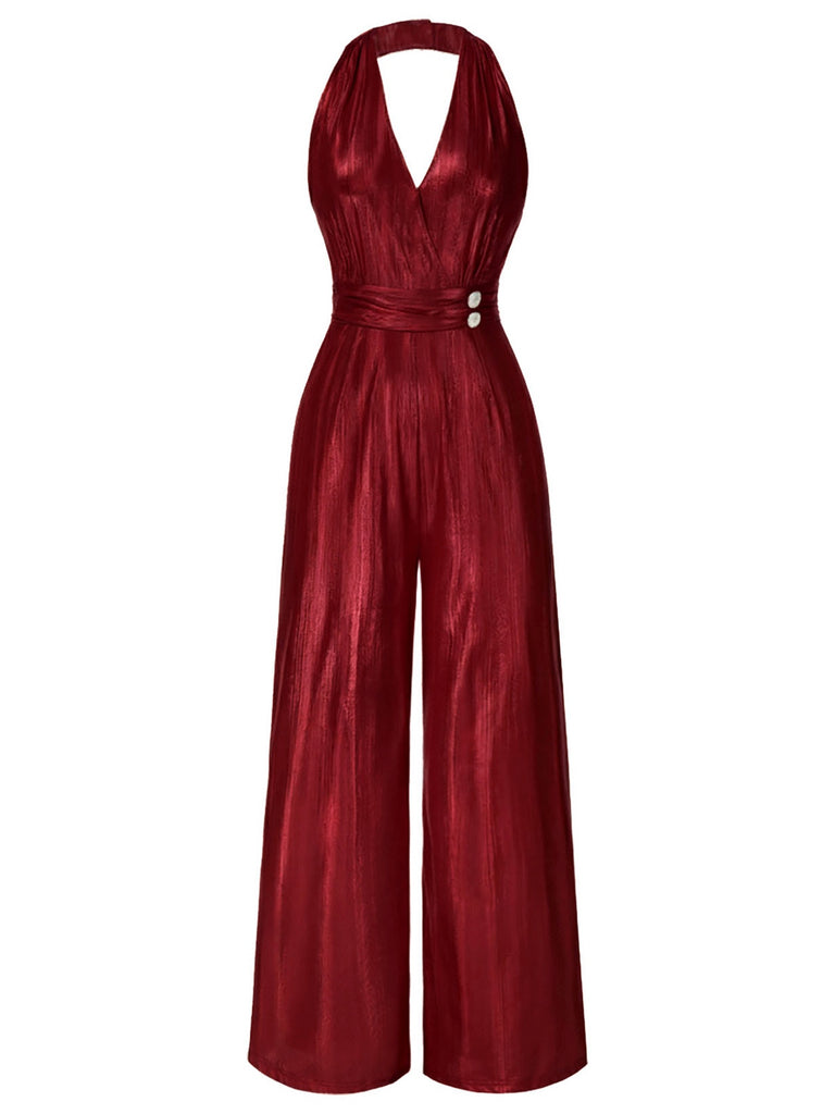 [Vorverkauf] Grün 1970er Solide V-Ausschnitt Halter Jumpsuit