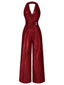 Rot 1970er Solide V-Ausschnitt Halter Jumpsuit