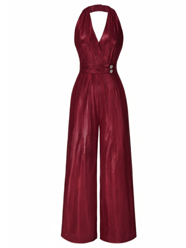 Gold 1970er Solide V-Ausschnitt Halter Jumpsuit