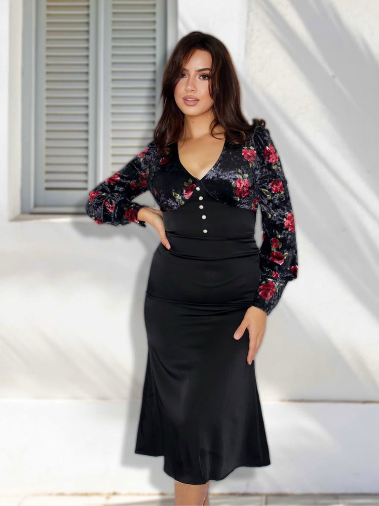 Schwarz 1930er Rose Samt Fischschwanzkleid