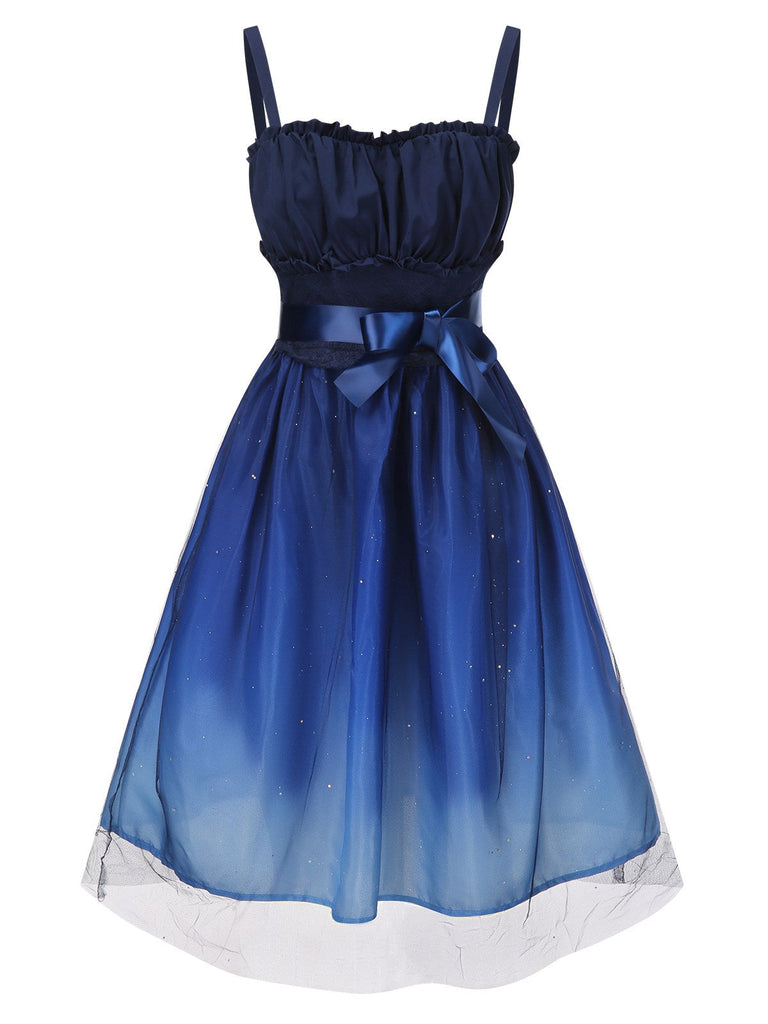 Blau 1950er Gradient Masche Taille Gesmoktes Kleid