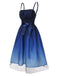 Blau 1950er Gradient Masche Taille Gesmoktes Kleid