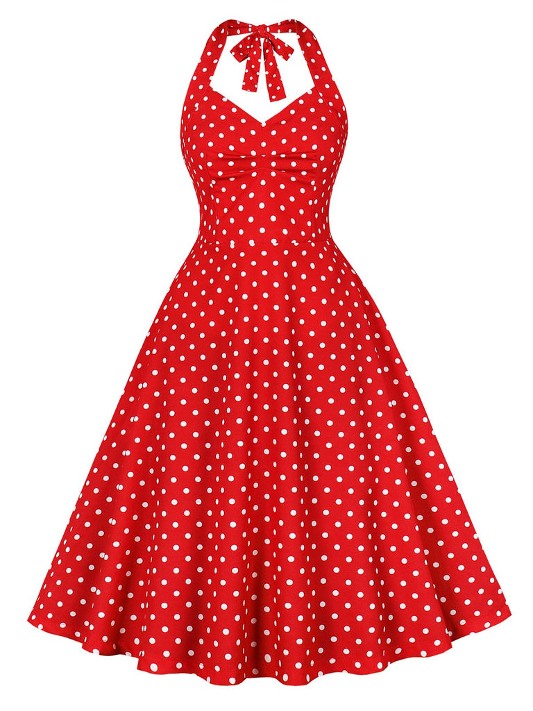 Rot 1950er Halter Polka Dots Swing Kleid