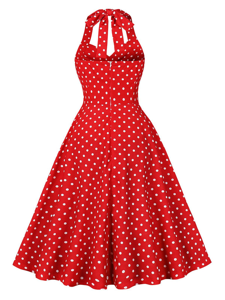 Rot 1950er Halter Polka Dots Swing Kleid