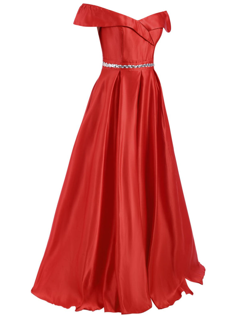 Rot 1950er Schulterfrei Maxi Abend Kleid