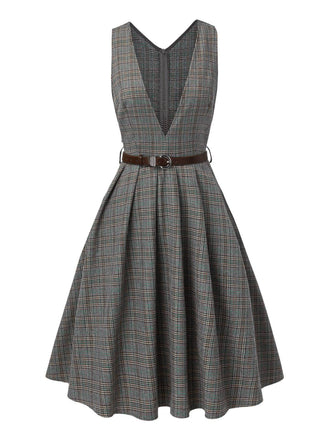 Grau 1940er Tief V-Ausschnitt Tal-Plaid Kleid