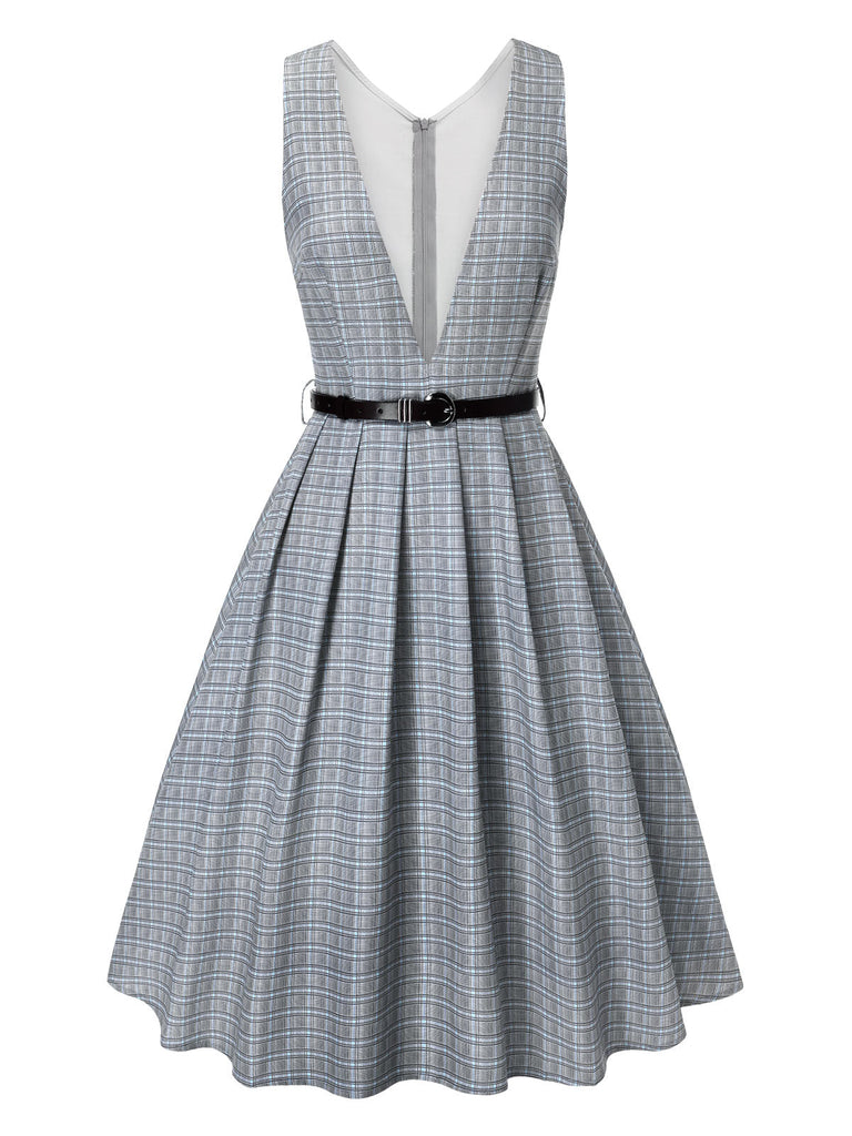 2PCS Grau 1940er V-Ausschnitt Plaid Kleid & Satin Bluse