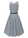 2PCS Grau 1940er V-Ausschnitt Plaid Kleid & Satin Bluse