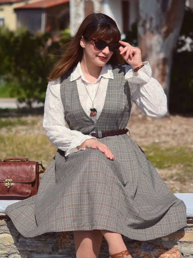 Grau 1940er Tief V-Ausschnitt Tal-Plaid Kleid