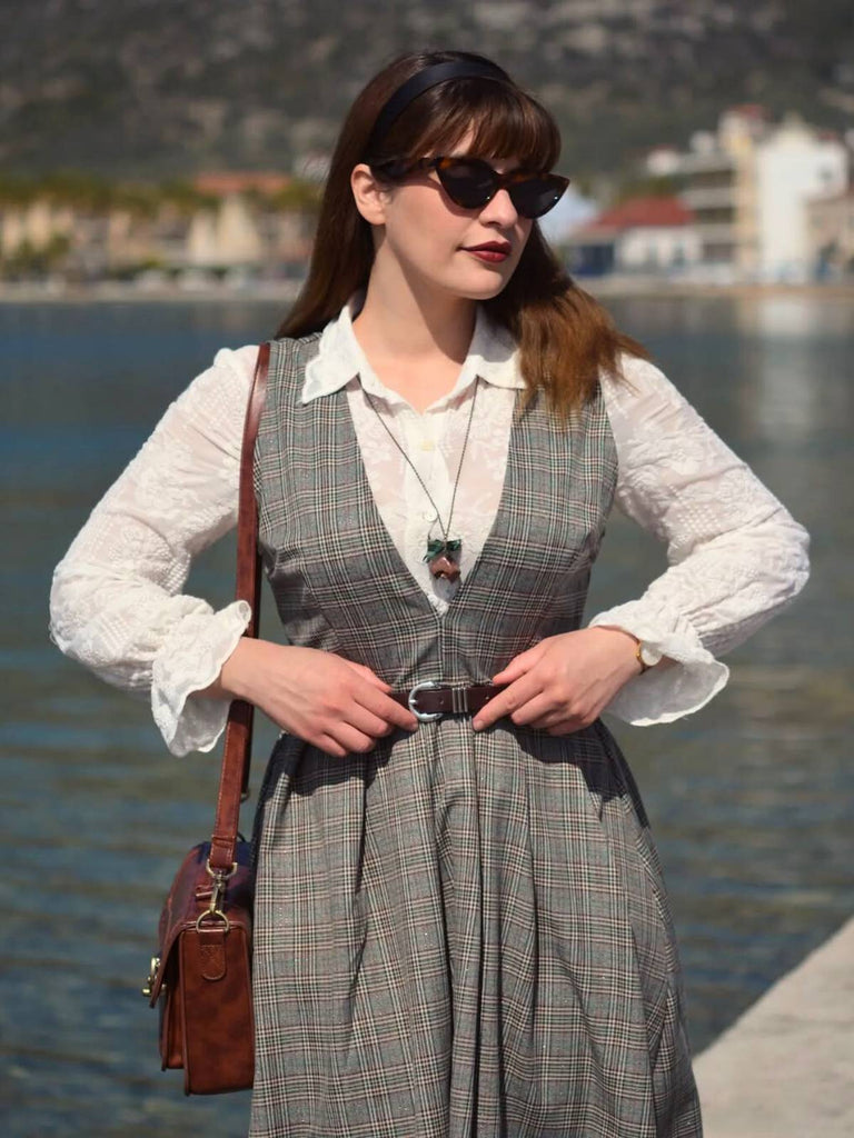 Grau 1940er Tief V-Ausschnitt Tal-Plaid Kleid