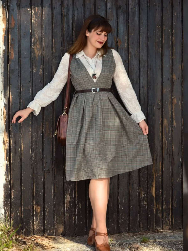 Grau 1940er Tief V-Ausschnitt Tal-Plaid Kleid