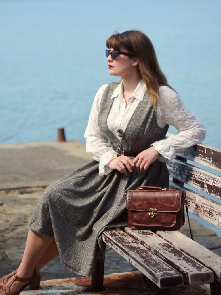 Grau 1940er Tief V-Ausschnitt Tal-Plaid Kleid