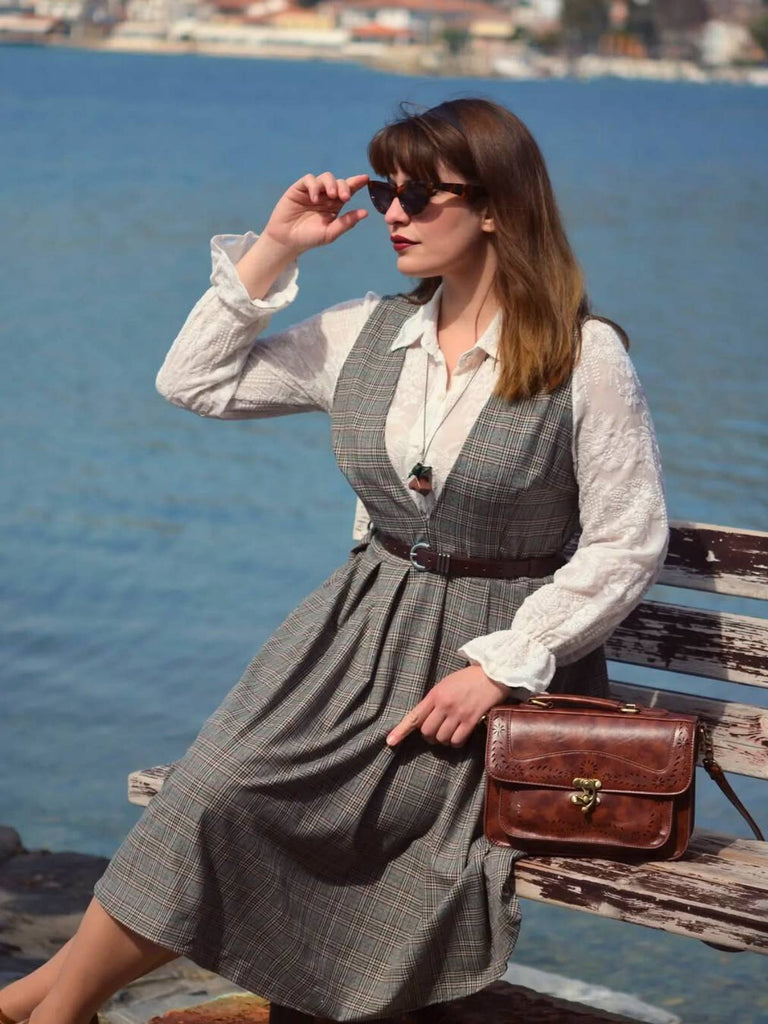 Grau 1940er Tief V-Ausschnitt Tal-Plaid Kleid