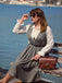 Grau 1940er Tief V-Ausschnitt Tal-Plaid Kleid