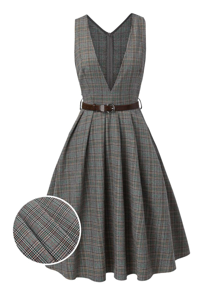 [Vorverkauf] Grau 1940er Tief V-Ausschnitt Tal-Plaid Kleid