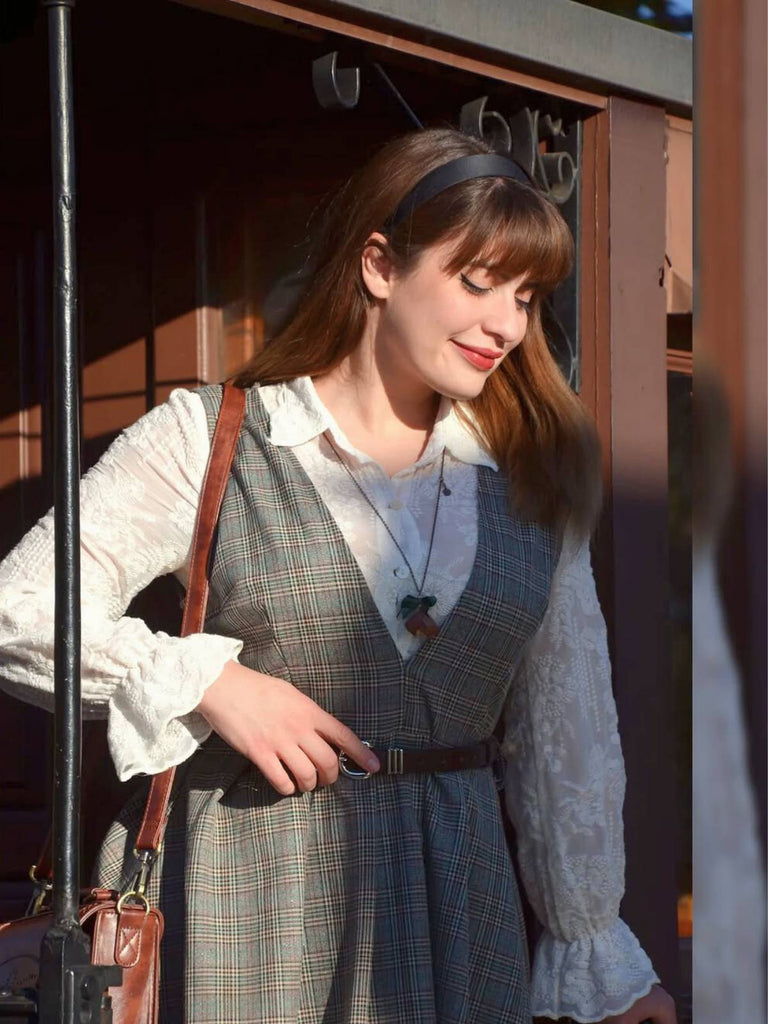 Grau 1940er Tief V-Ausschnitt Tal-Plaid Kleid