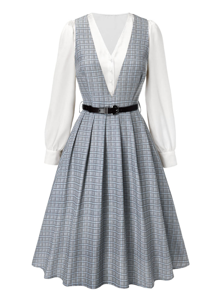 2PCS Grau 1940er V-Ausschnitt Plaid Kleid & Satin Bluse