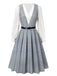 2PCS Grau 1940er V-Ausschnitt Plaid Kleid & Satin Bluse