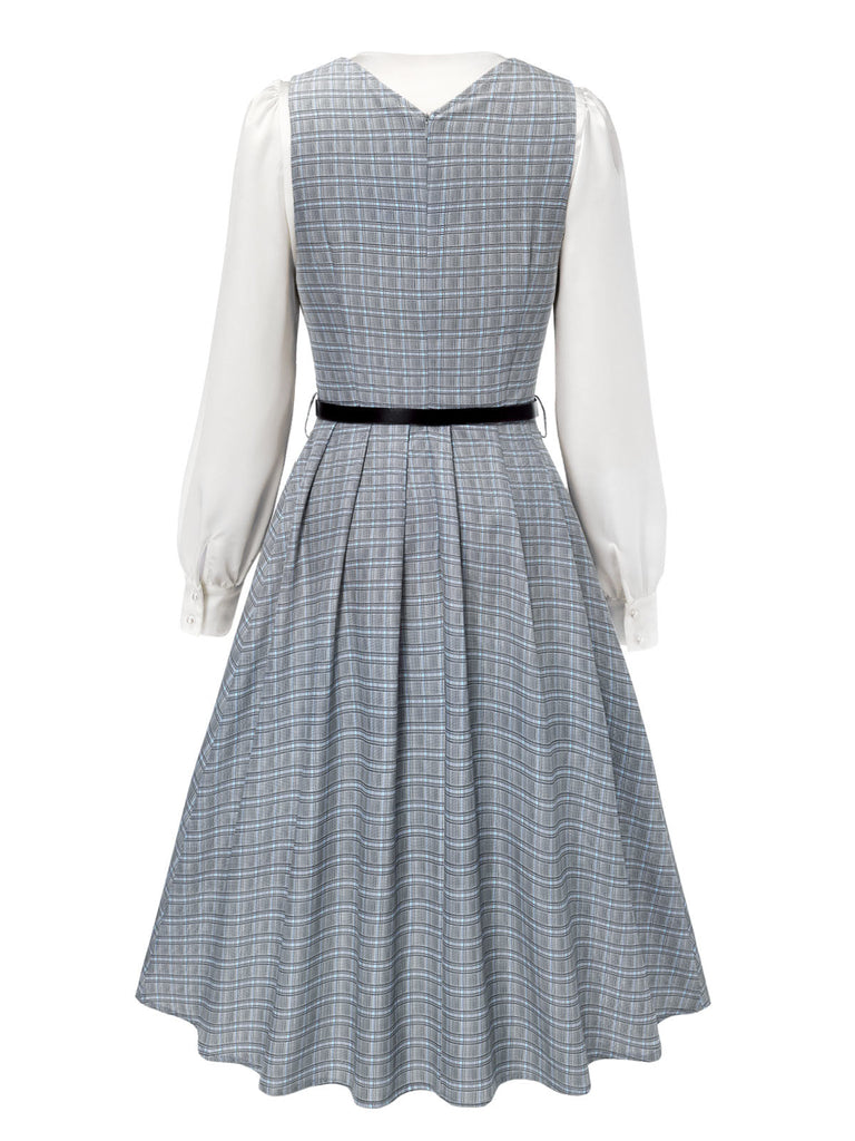 2PCS Grau 1940er V-Ausschnitt Plaid Kleid & Satin Bluse