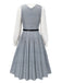 2PCS Grau 1940er V-Ausschnitt Plaid Kleid & Satin Bluse