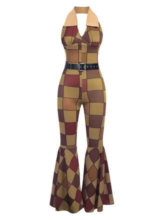 Braun 1970er geometrisches Muster Patchwork Halter Jumpsuit