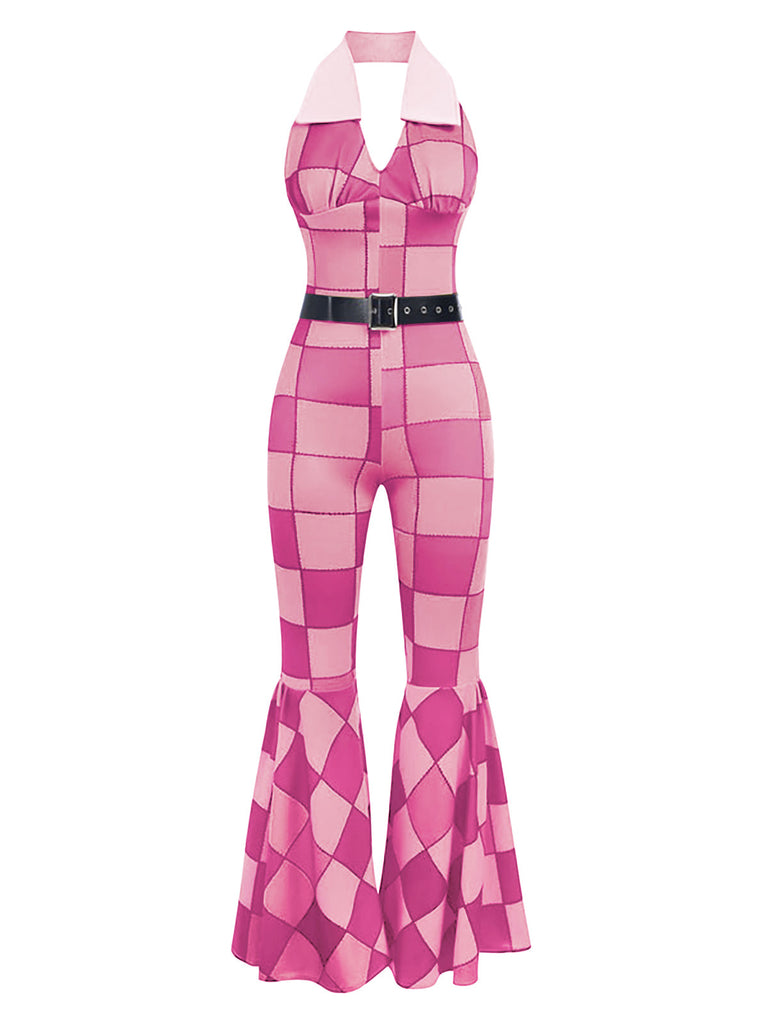 [Vorverkauf] Rosa 1970er geometrisches Muster Patchwork Halter Jumpsuit