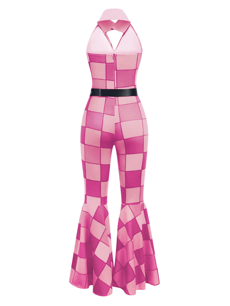 [Vorverkauf] Rosa 1970er geometrisches Muster Patchwork Halter Jumpsuit