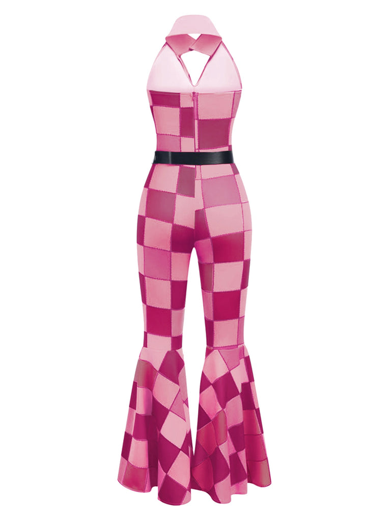 Braun 1970er geometrisches Muster Patchwork Halter Jumpsuit