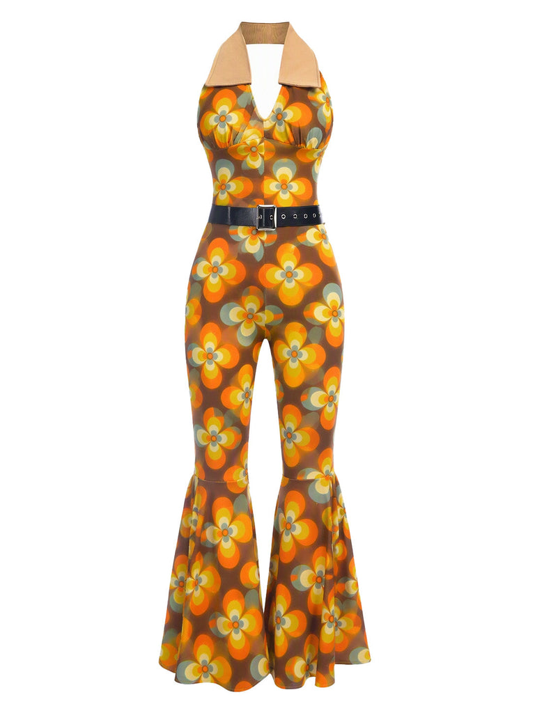 70er Jumpsuit mit Blumen-Patchworkmuster und Neckholder