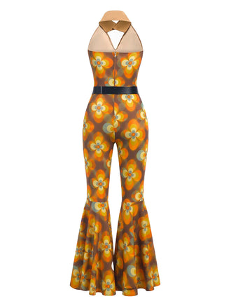 70er Jumpsuit mit Blumen-Patchworkmuster und Neckholder