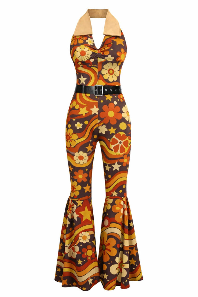 Braun 1970er geometrisches Muster Patchwork Halter Jumpsuit