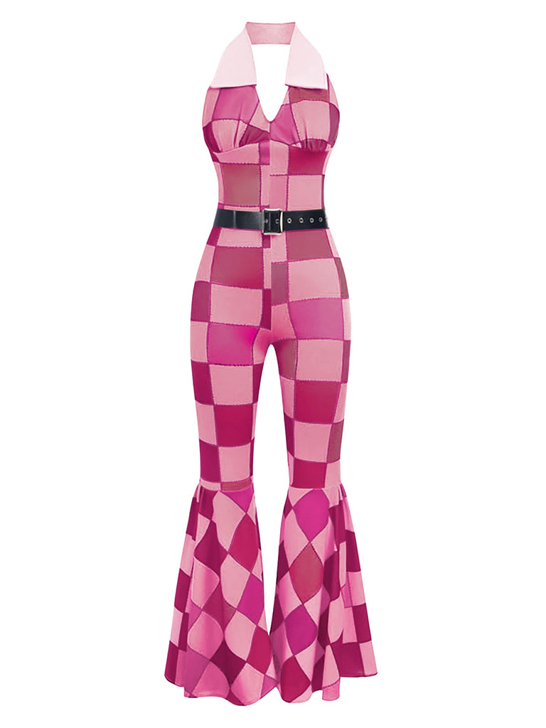 Braun 1970er geometrisches Muster Patchwork Halter Jumpsuit