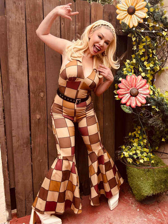 Braun 1970er geometrisches Muster Patchwork Halter Jumpsuit