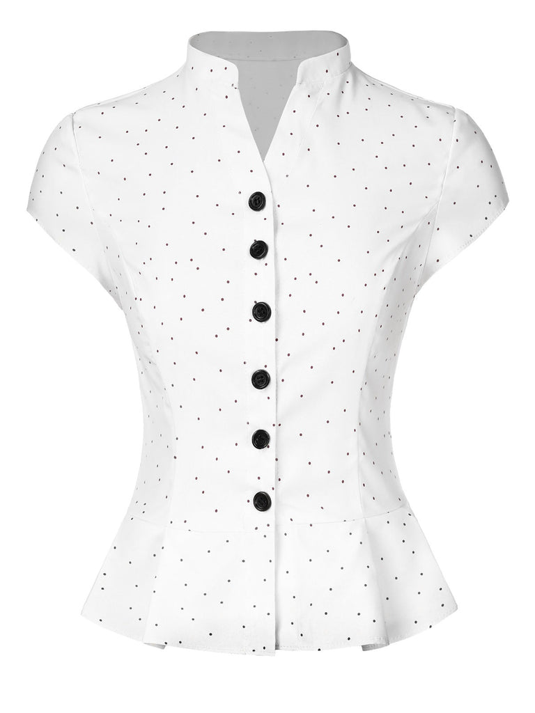 Weiß 1930er Dots Plissiertes Saum Gesmokt Bluse