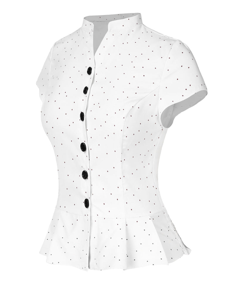 Weiß 1930er Dots Plissiertes Saum Gesmokt Bluse