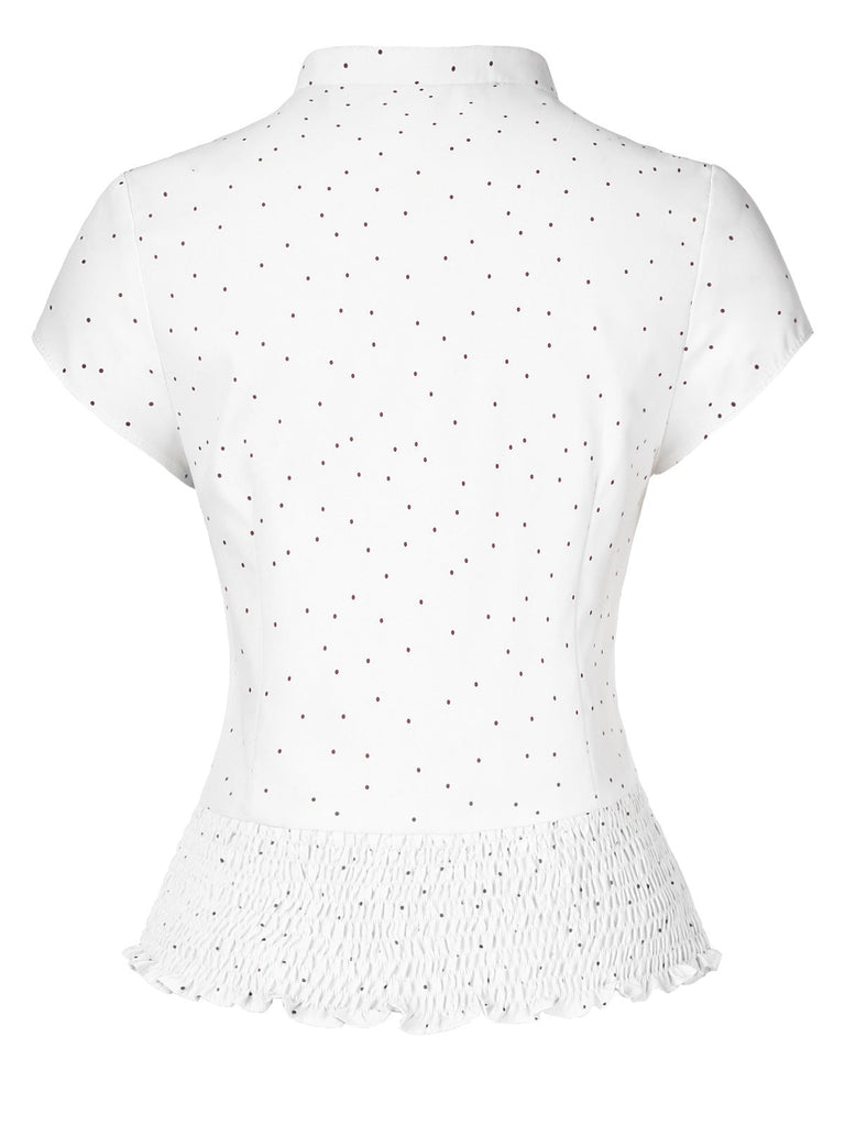 Weiß 1930er Dots Plissiertes Saum Gesmokt Bluse