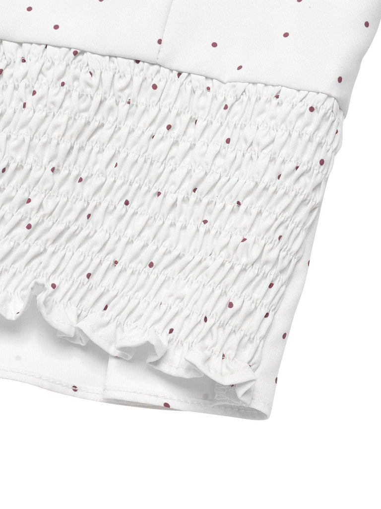 Weiß 1930er Dots Plissiertes Saum Gesmokt Bluse