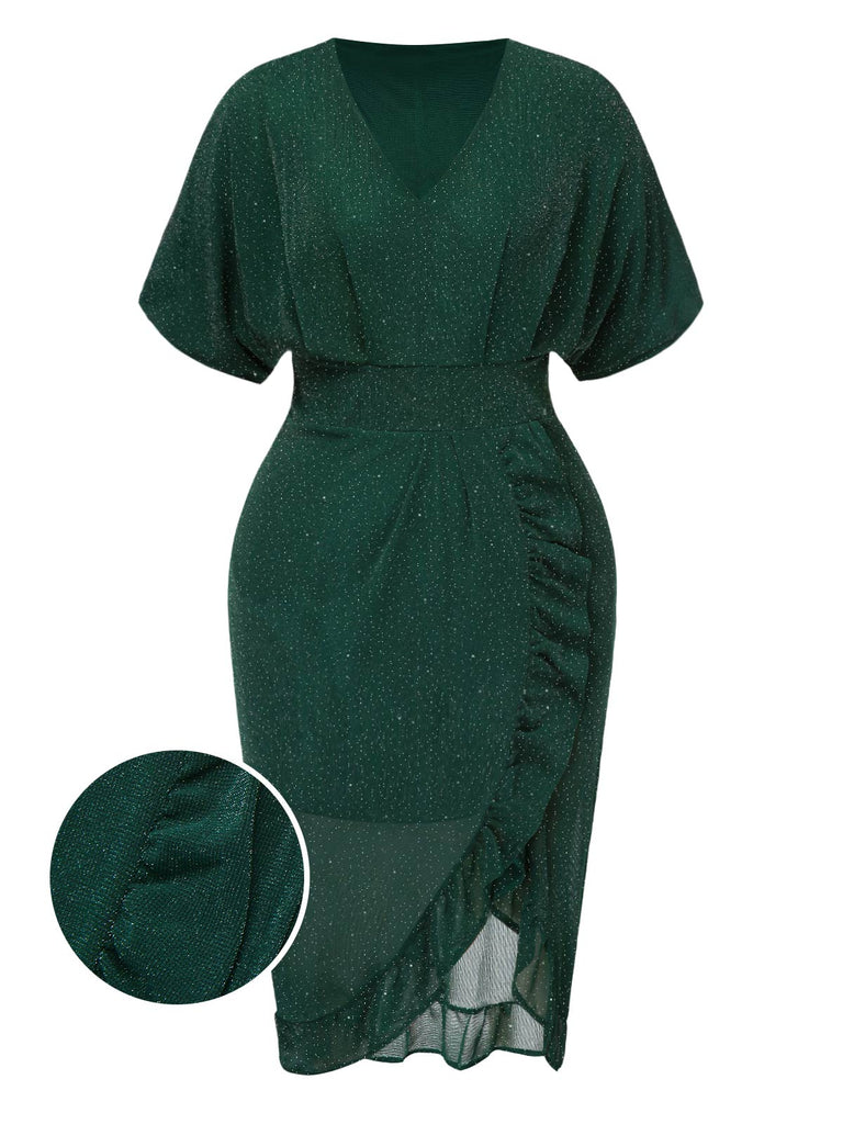 [Übergröße] Grün 1940er V-Ausschnitt Rüschens Solide Kleid