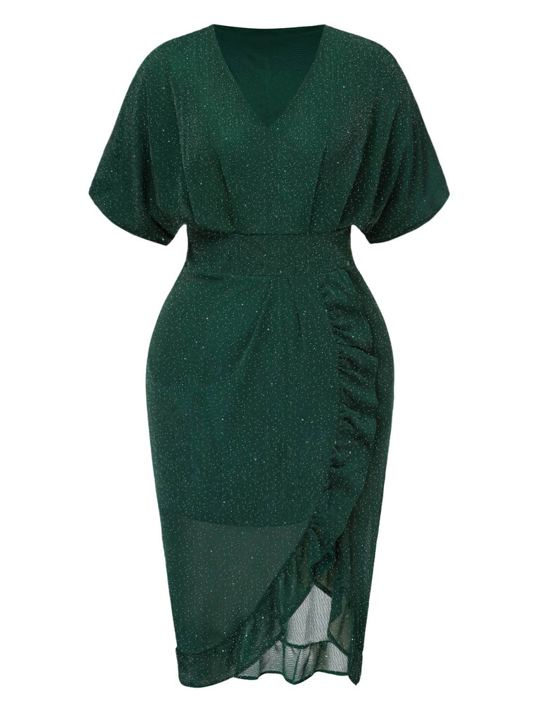 [Übergröße] Grün 1940er V-Ausschnitt Rüschens Solide Kleid