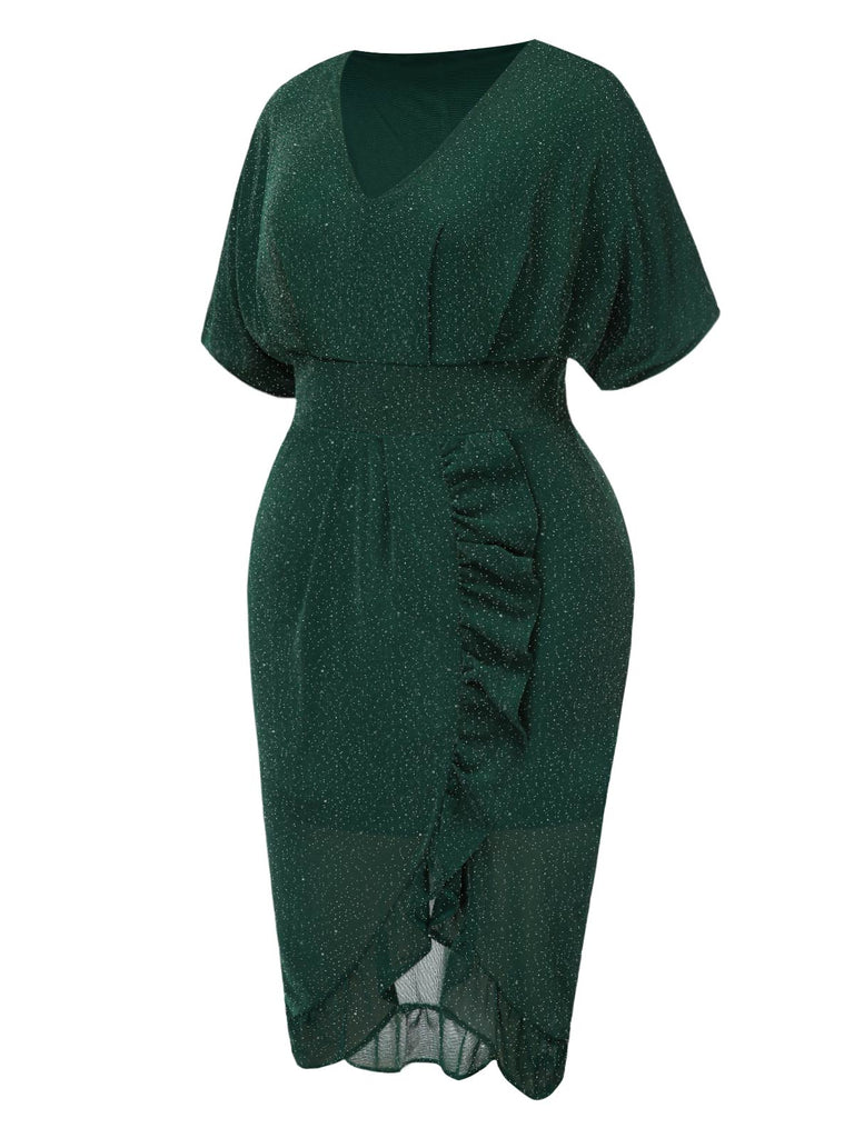 [Übergröße] Grün 1940er V-Ausschnitt Rüschens Solide Kleid