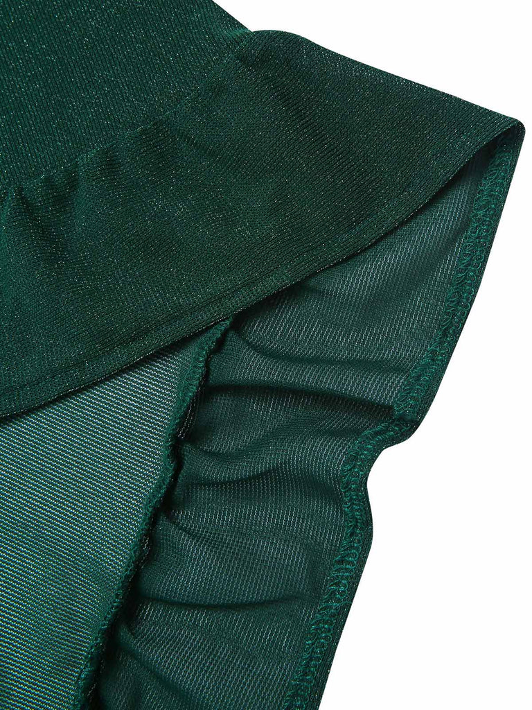 [Übergröße] Grün 1940er V-Ausschnitt Rüschens Solide Kleid