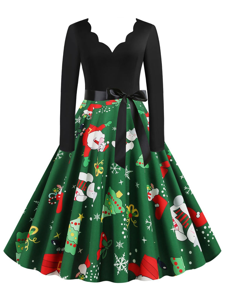 Grün 1950er Weihnachten Blütenkragen Patchwork Kleid