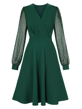 1940er V-Ausschnitt Solide Polka Dots Patchwork Kleid