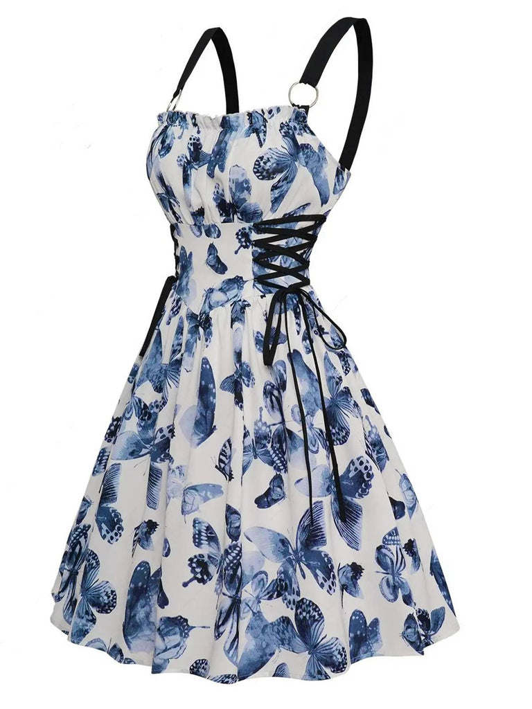 Blau 1950er Roses Träger Schnürung Plissiertes Kleid