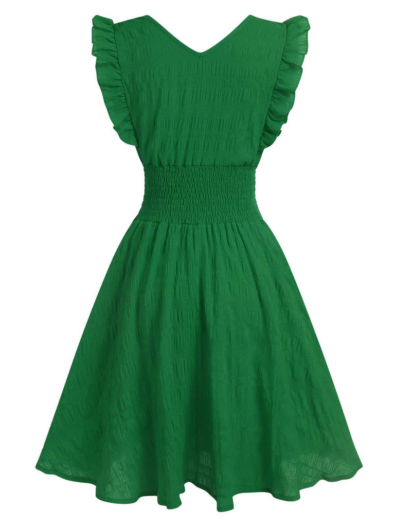 1950er V-Ausschnitt Gesmokt Rüsches Ärmellos Kleid