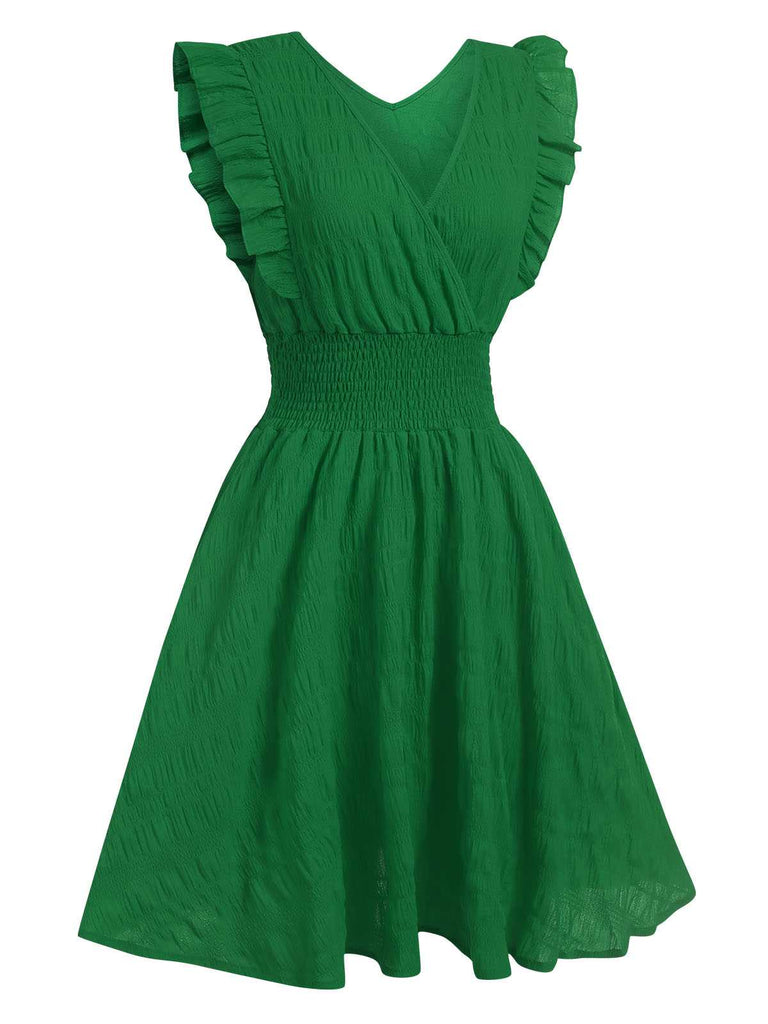 1950er V-Ausschnitt Gesmokt Rüsches Ärmellos Kleid