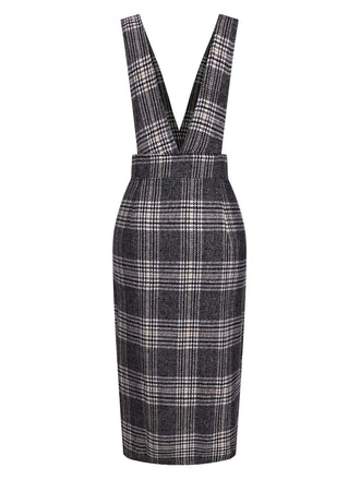 Grau 1960er Geknöpft Plaid Schürze Kleid