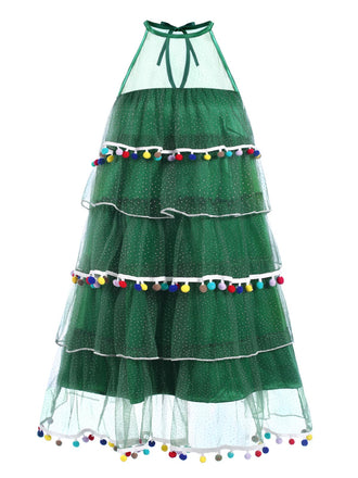 Grün 1960er Pom-Pom Weihnachten Baum Kleid