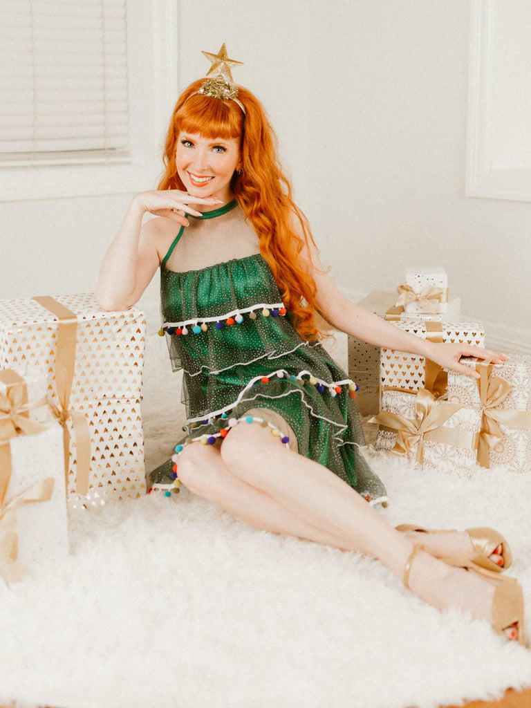 Grün 1960er Pom-Pom Weihnachten Baum Kleid