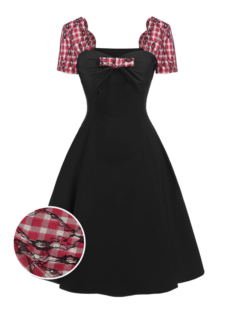 [Vorverkauf] Schwarz 1950er Spitze Plaid Patchwork Kleid